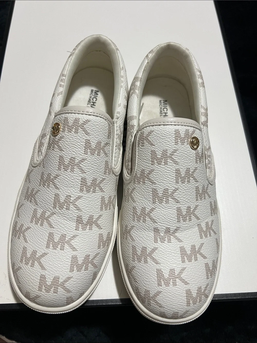 Michael Kors White & Beige MK Logo Slip-On Sneakers